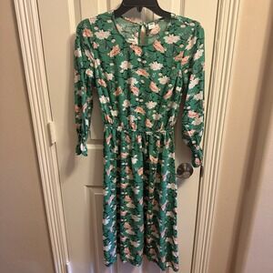 Old Navy XS Green Floral Long Sleeve Midi Dress Boho Cottagecore Easter